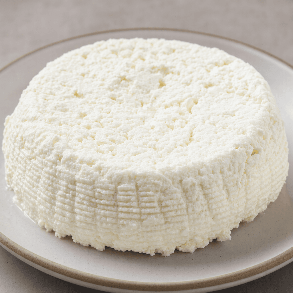 A squat, white mound of soft, crumbly curds, with a slightly uneven surface and faint basket-weave ridges around its sides.