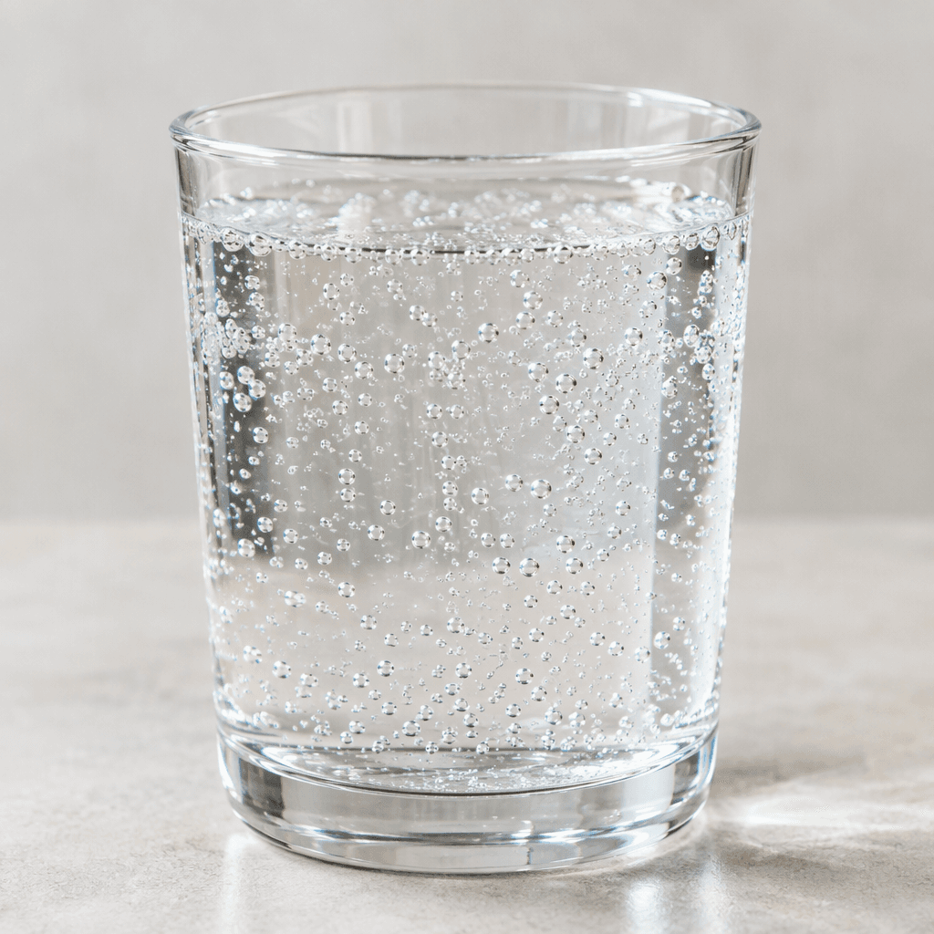 A clear, colorless fizzy drink in a transparent glass, with fine bubbles rising through the liquid.