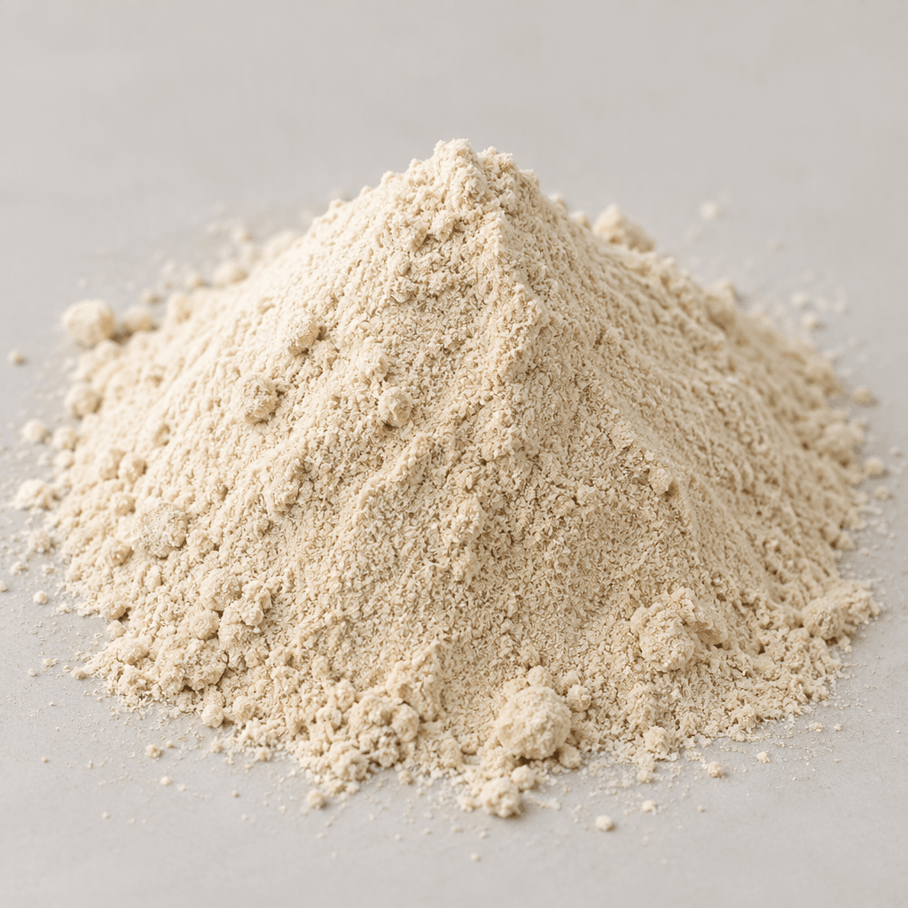 A loose, fine, pale beige powder with a few small clumps, gathered in a soft mound.