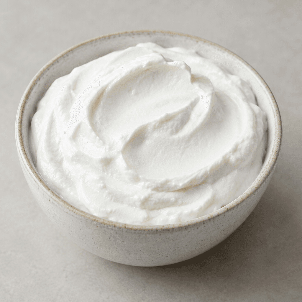 Thick, bright-white skyr with a dense, smooth, spoonable texture sits in a small bowl, its surface gently ridged from a spoon and free of visible toppings.
