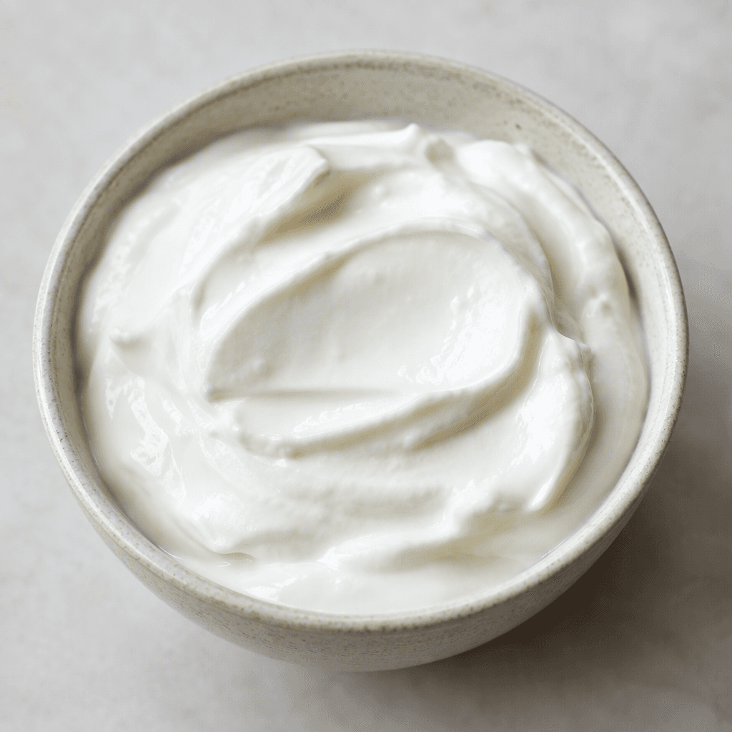 A thick, smooth, bright-white yogurt with a dense, creamy texture, spooned into a small bowl with soft ridges on its surface.