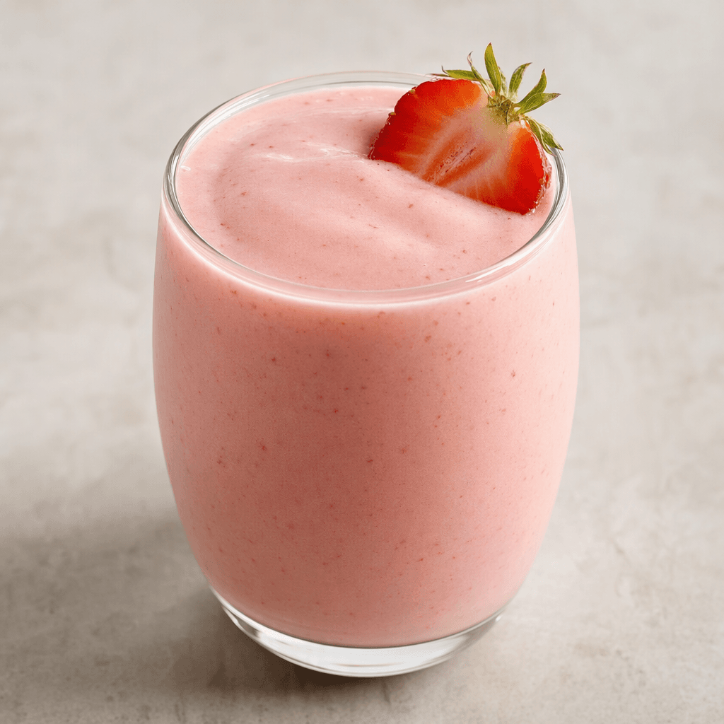 A pale pink, smooth strawberry drink with a slightly creamy appearance, served in a clear glass.