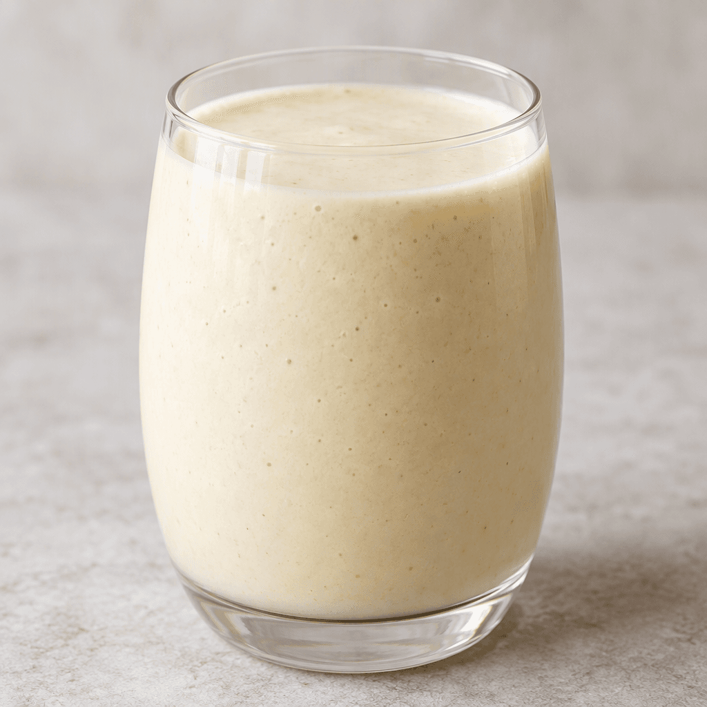 A smooth, pale-colored drink sits in a clear glass, with an even surface and no visible garnish.