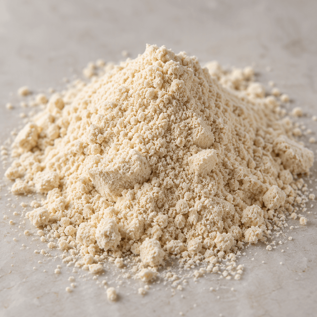 A small mound of fine, pale beige powder with a soft, slightly clumpy texture, loosely scattered around its edges.