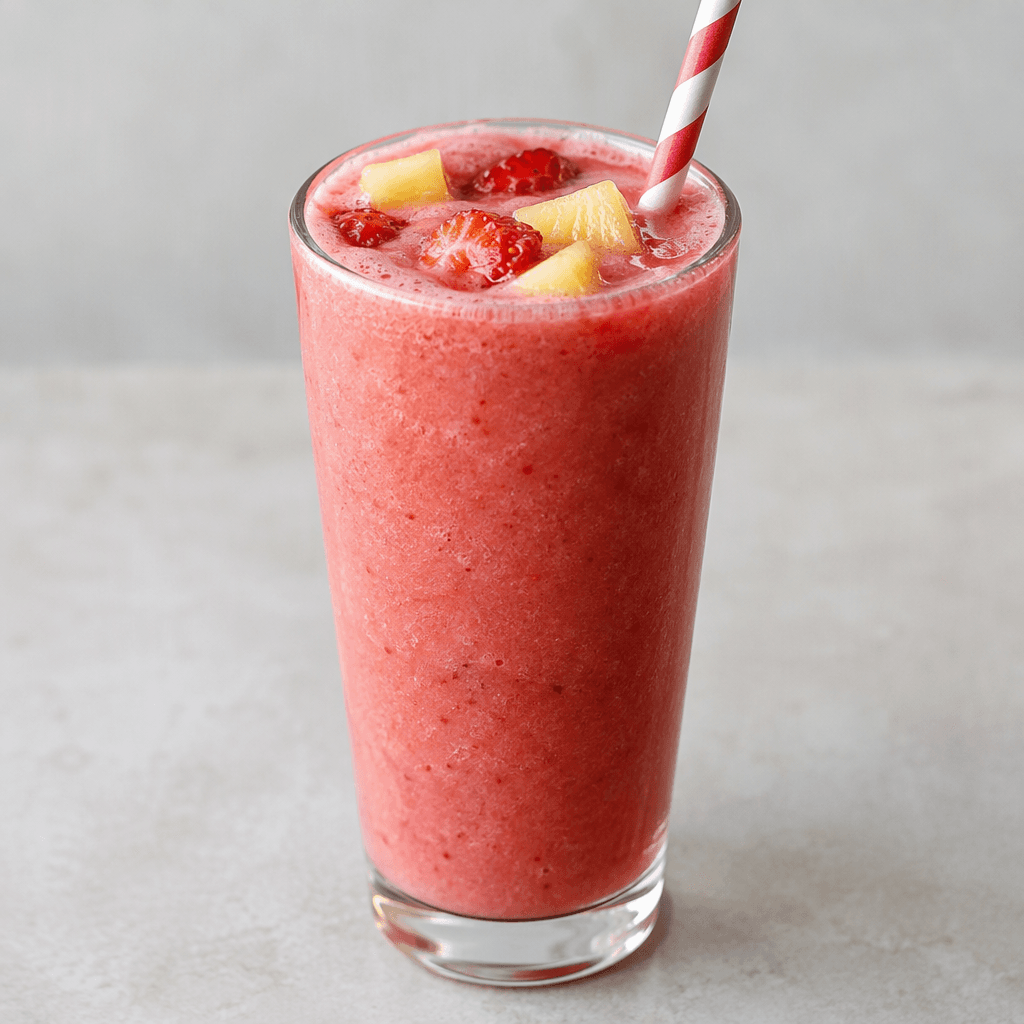 A thick, smooth blended drink in a tall clear glass, with a vivid fruit-coloured appearance, a slightly frothy surface, and small pieces of fruit visible near the top, served with a straw.