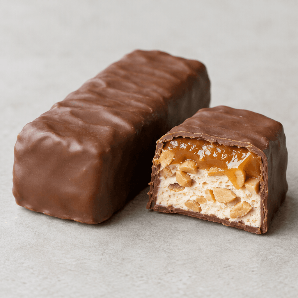 A thick, rectangular chocolate-coated bar is shown whole beside a cut piece, revealing pale nougat, irregular roasted peanut pieces and a soft amber caramel layer beneath the smooth brown coating.