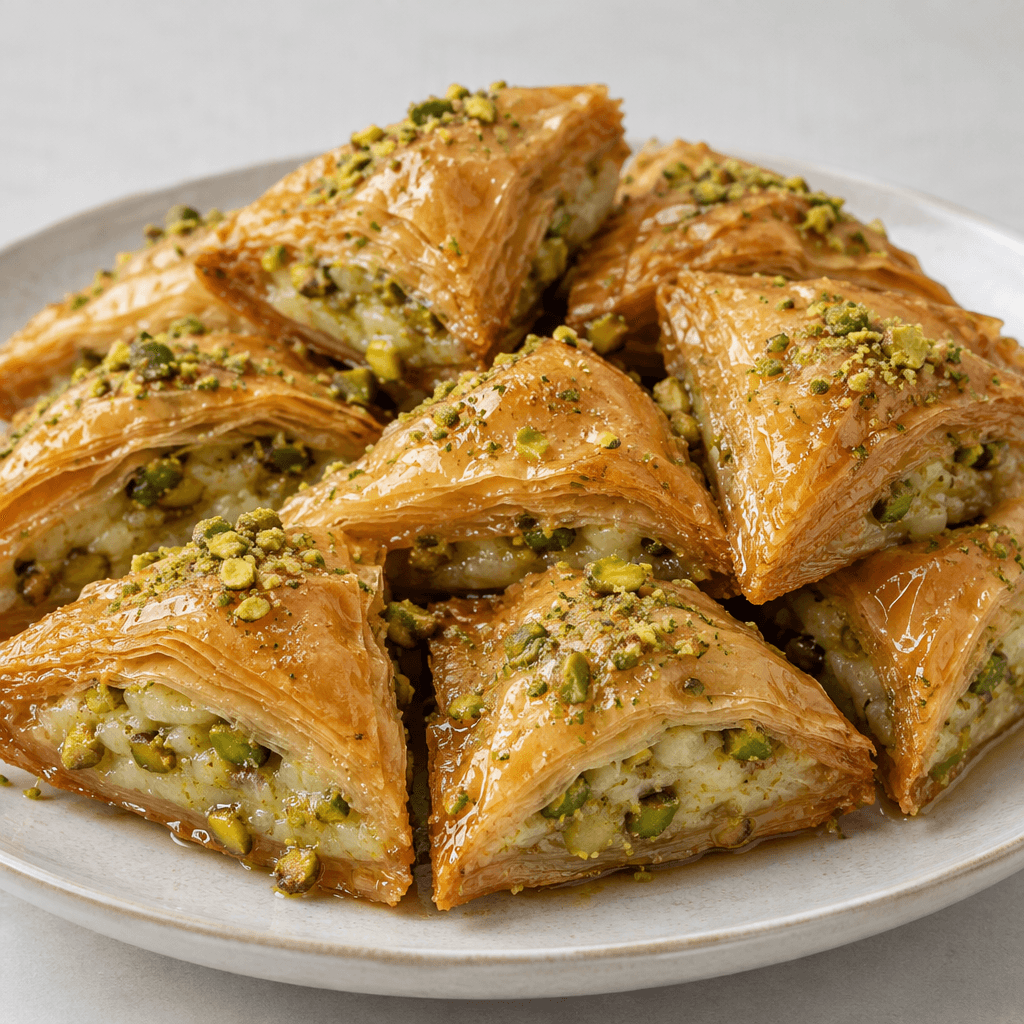 Small triangular pastries made of many thin, crisp golden-brown layers surround a pale semolina cream filling, with green pistachio pieces visible inside and scattered over the glossy syrup-coated surfaces, arranged closely on a plate.