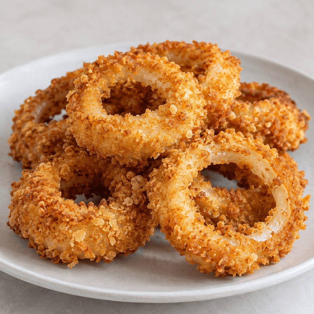 Golden-brown, crisp-coated onion rings with irregular crunchy crumbs and pale onion visible in their open centers, arranged in a small overlapping pile on a plate.