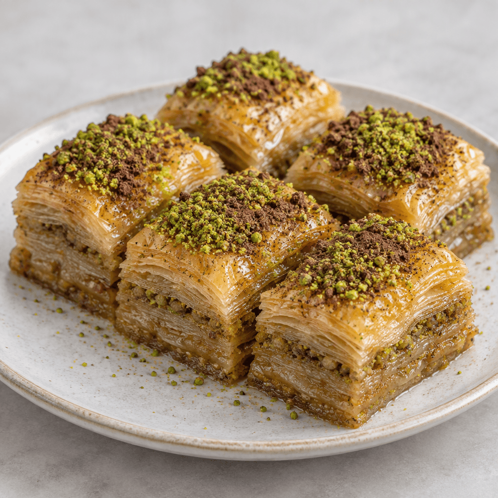 Neat rectangular pieces of chilled baklava show many thin pale-golden pastry layers softened with milky syrup, with a moist glossy surface and a topping of finely ground green pistachios and cocoa powder, arranged on a serving plate.