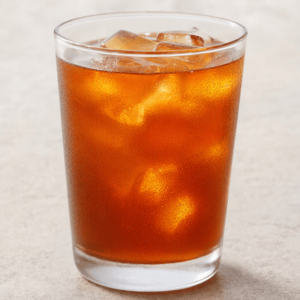 A clear glass filled with translucent amber-brown iced tea and several visible ice cubes.