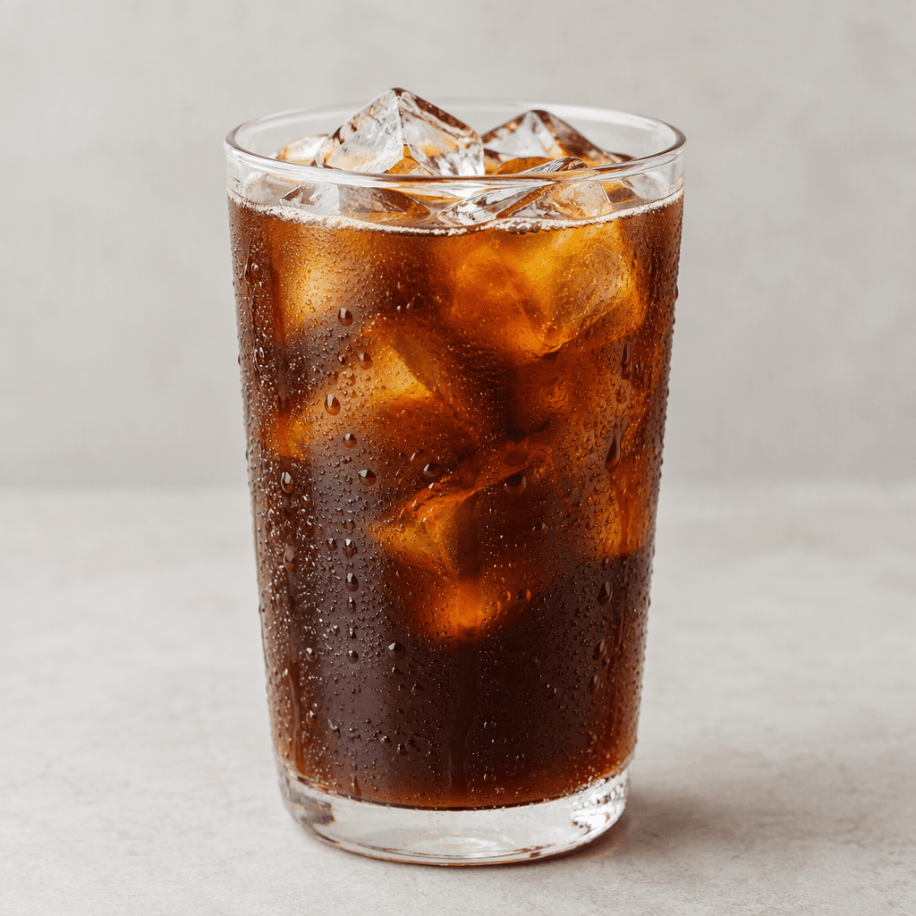 A clear glass filled with dark brown iced coffee and several angular ice cubes, with the ice visible through the drink and beads of condensation on the outside.