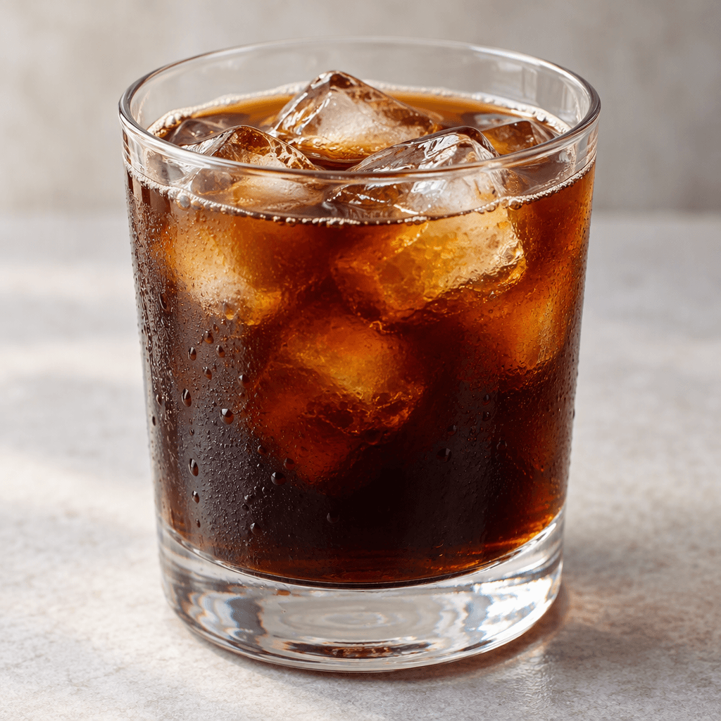 A clear glass holds dark brown iced coffee with several translucent ice cubes floating near the surface.