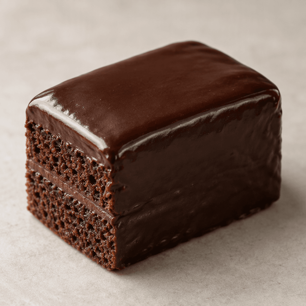 A small, rectangular cocoa sponge cake with a dark chocolate coating and a smooth, slightly glossy surface, shown on its own.