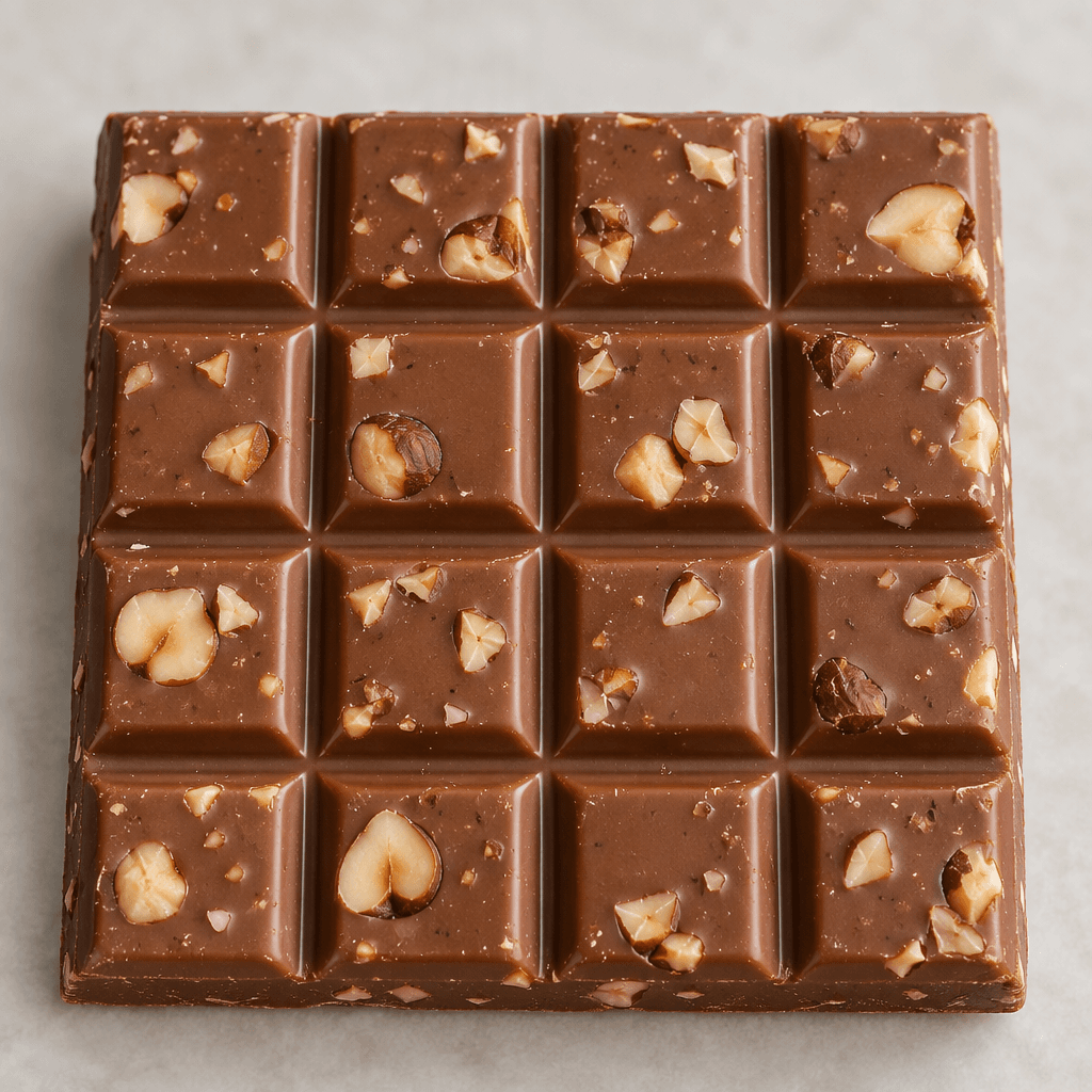 A rectangular milk-chocolate bar divided into small raised squares, with a smooth brown surface and visible pieces of hazelnut in the chocolate.