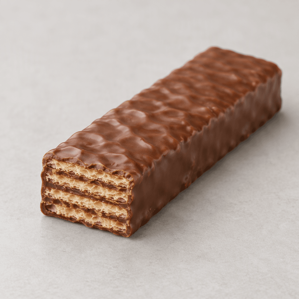 A slim rectangular wafer bar with crisp, pale golden layers and chocolate filling, coated in smooth milk chocolate with a slightly rippled surface.