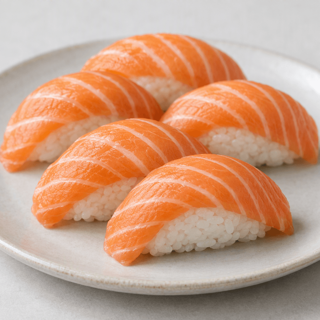 Oval mounds of compact white sushi rice are topped with smooth, thin slices of raw salmon that are pale coral-orange with distinct creamy white fat stripes, arranged neatly on a plate.