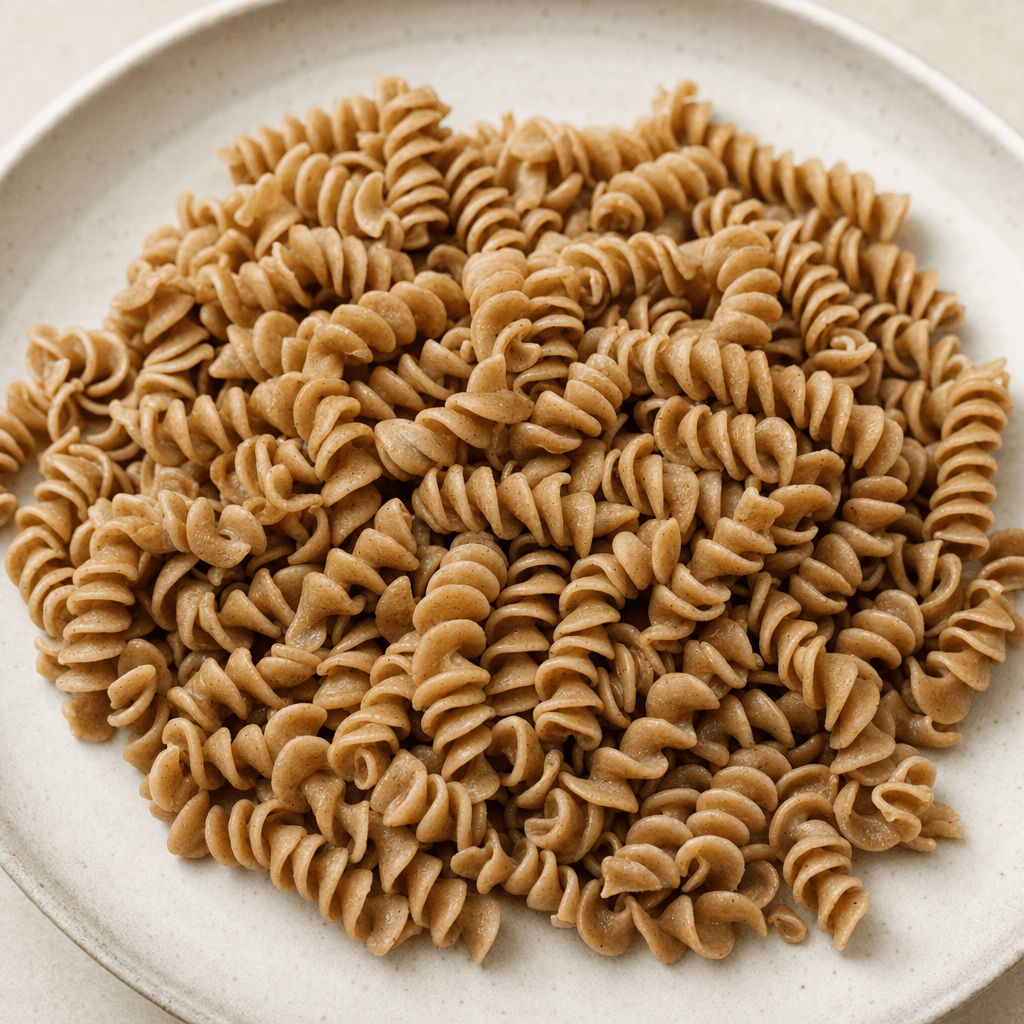 Tabakta servis edilen, mat ve hafif taneli yüzeyli, açık kahverengi sorgum makarnası görülüyor.