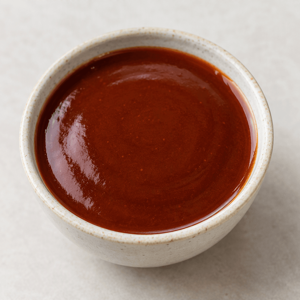 A smooth, glossy, pourable sauce with a rich reddish-brown colour is served in a small bowl, forming a thick, even pool with no visible chunks.