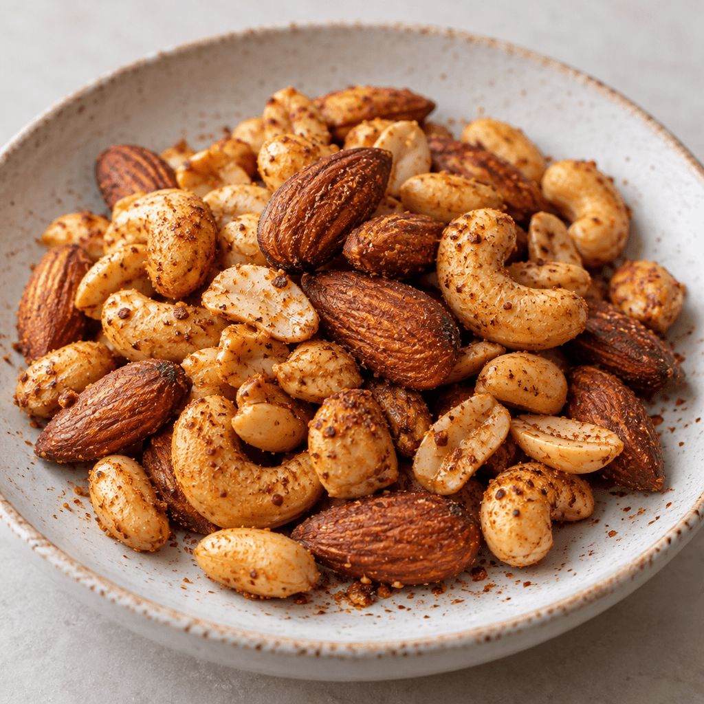 A small pile of assorted whole and halved nuts, including almonds, cashews and peanuts, lightly coated with reddish-brown seasoning and scattered on a serving dish.