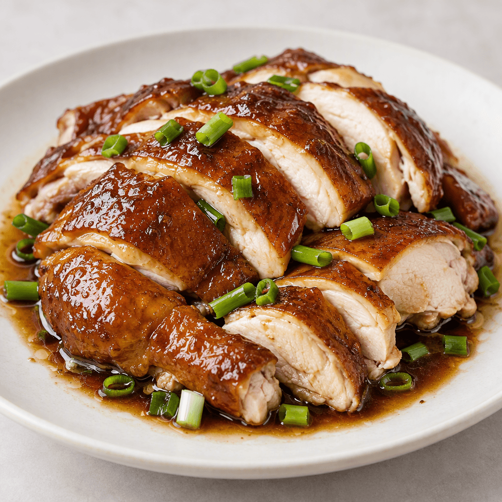 Sliced pieces of chicken with glossy deep mahogany-brown skin and pale, moist-looking meat are arranged on a plate, with a small pool of dark soy-colored sauce and scattered green scallion pieces around them.
