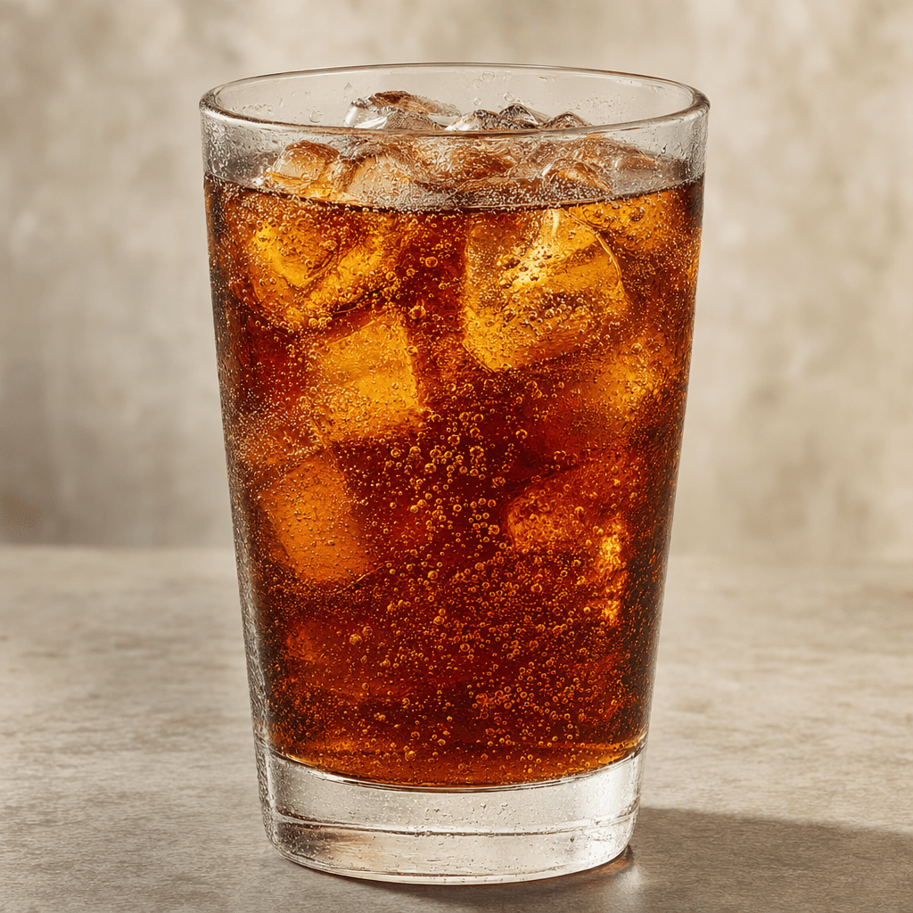 A fizzy, translucent deep amber-brown drink with fine rising bubbles, served in a clear glass.