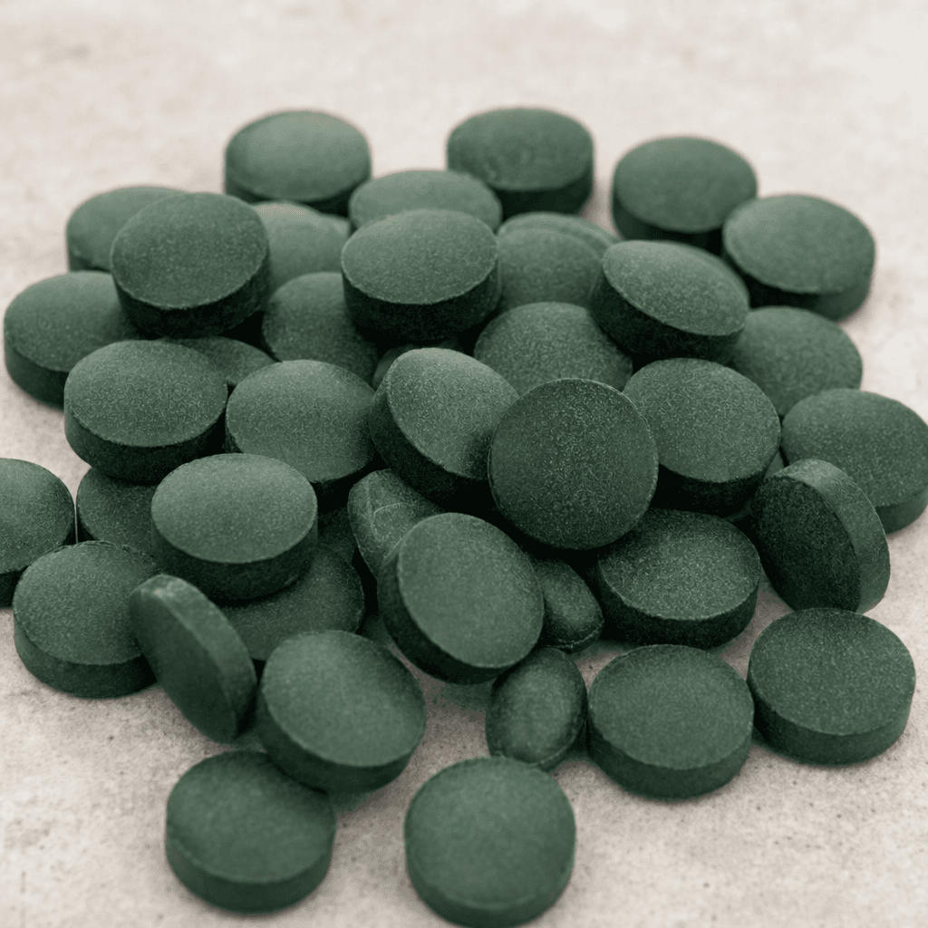 Koyu yeşil, küçük ve yassı yuvarlak spirulina tabletleri dağınık bir küme hâlinde duruyor; mat yüzeyleri hafif tozlu, kenarlarıysa az biraz düzensiz.