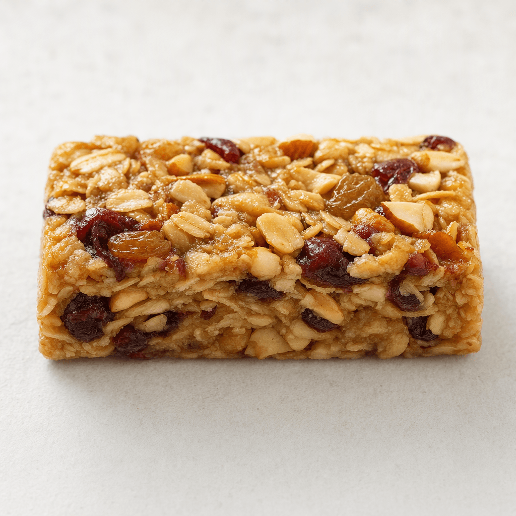 A compact rectangular cereal bar with a dense, slightly uneven surface, where flattened grains and small pieces of nuts and dried fruit are visible.