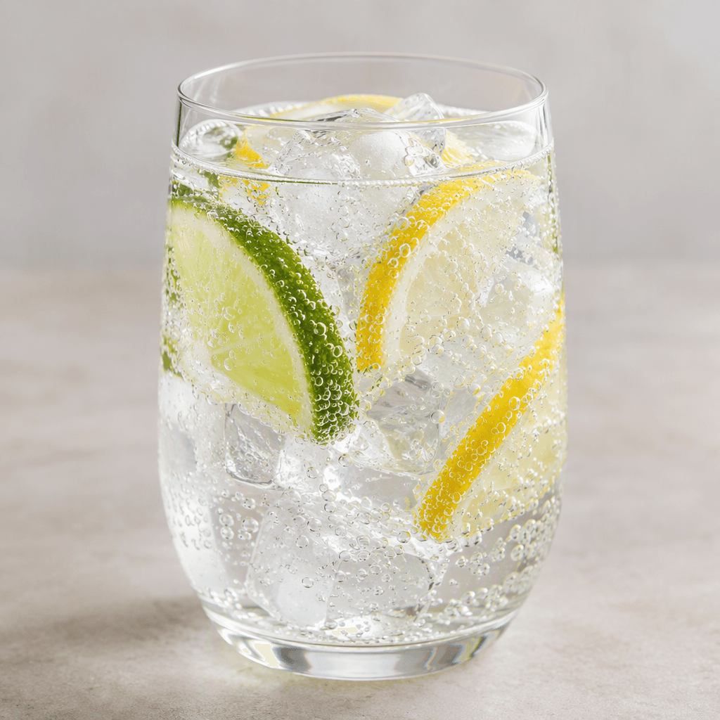 A clear, colorless, highly carbonated lemon-lime soft drink with fine bubbles, served chilled in a transparent glass.
