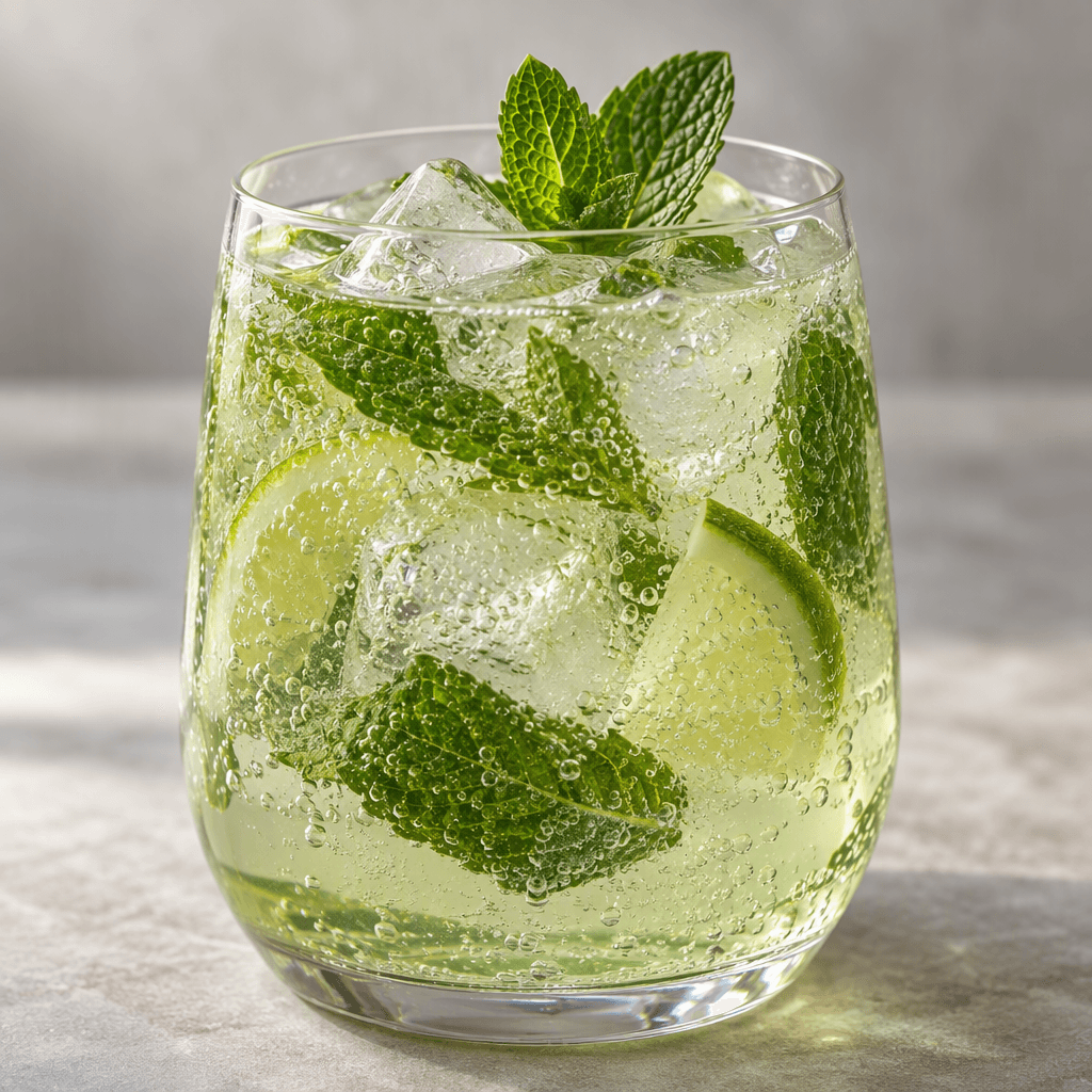 A clear, faintly green sparkling drink sits in a glass with ice cubes and fresh mint leaves visible beneath a fine trail of bubbles.