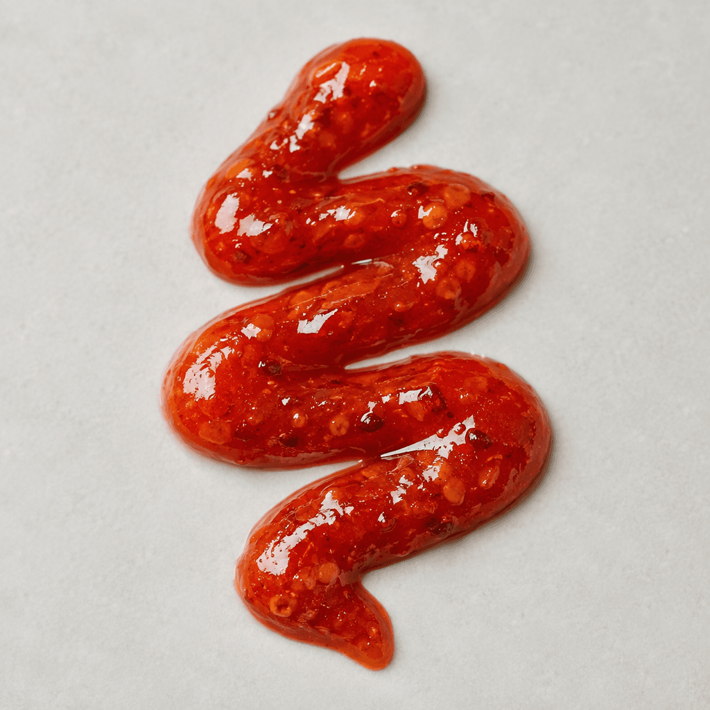 A thick, glossy bright-red chili sauce with fine pepper flecks, served in a small dollop or narrow zigzag drizzle.