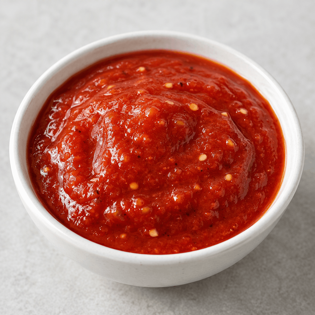 A thick, glossy bright-red sauce with a smooth but slightly pulpy texture, tiny pale seeds and fine pepper flecks visible throughout, served in a small bowl or drizzled in a thick stream over food.