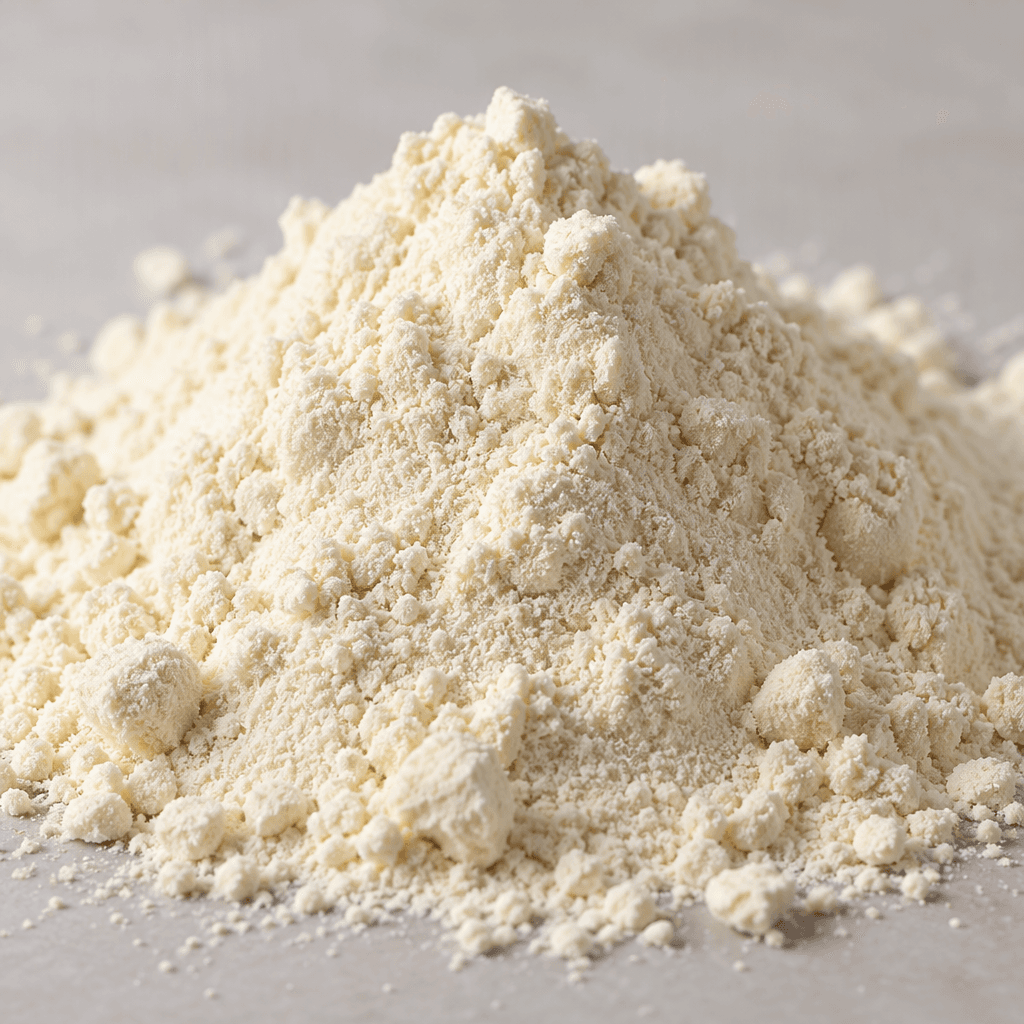 Fine, pale cream-colored protein powder sits in a small mound, with a dry, soft texture and a few tiny clumps.