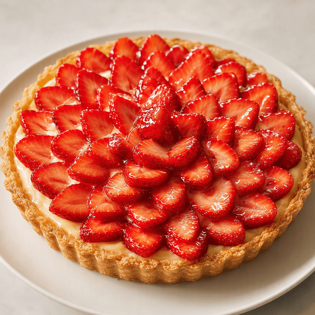 A round pastry tart with a golden, crumbly crust, filled with smooth pale-yellow custard and covered with overlapping slices of bright red strawberries, finished with a glossy glaze and served on a plain plate.