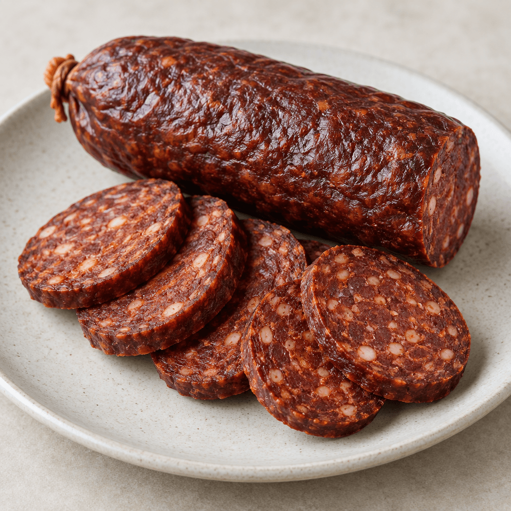 A thick, firm, dark red cured sausage with a slightly wrinkled casing, shown whole beside several round slices revealing a dense reddish-brown interior dotted with small pale fat pieces and spice flecks on a simple plate.