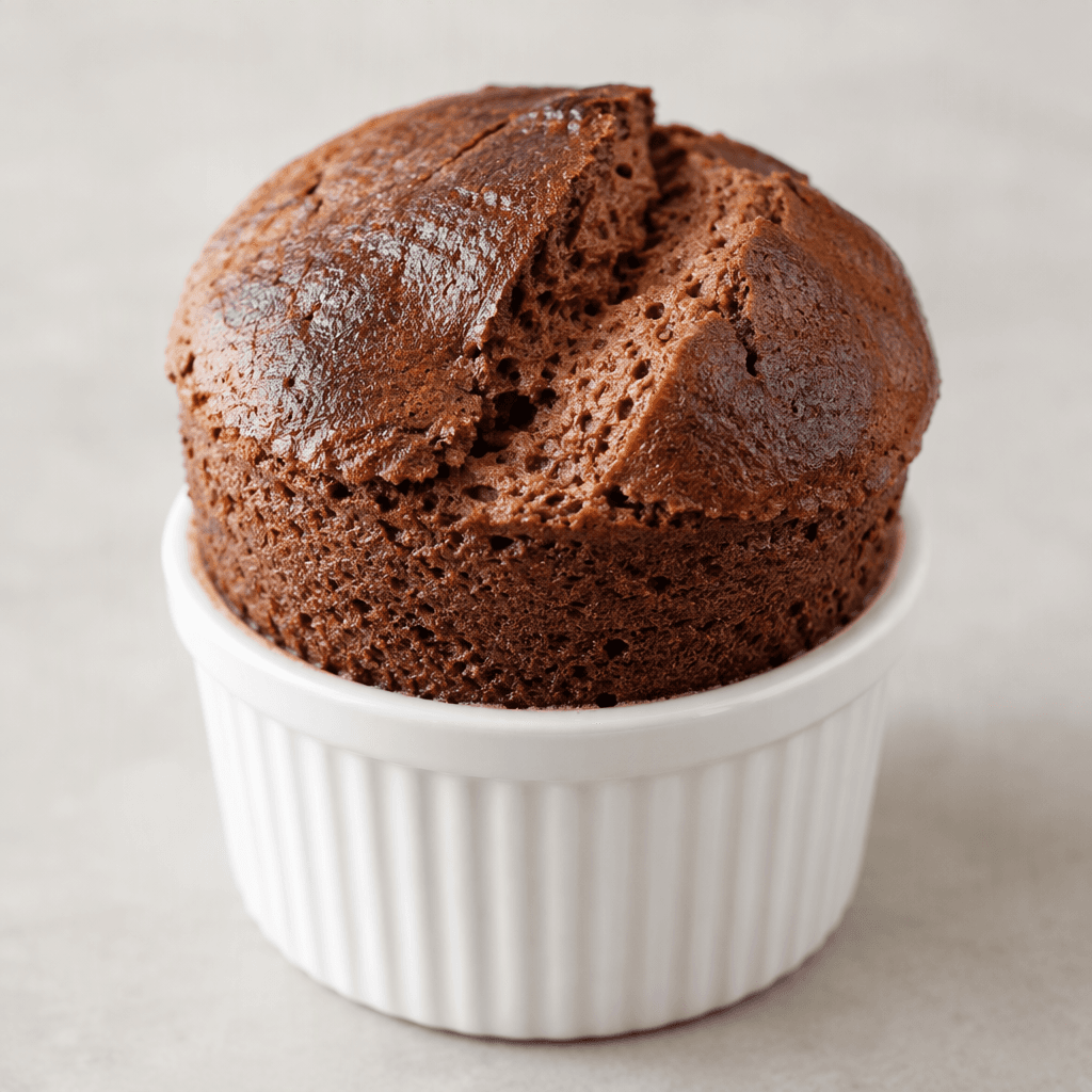 A tall, individual chocolate soufflé with a deeply browned, slightly cracked domed top, a dark cocoa-brown exterior, and a soft-looking airy chocolate interior visible through the opening, served upright in a small white ramekin.