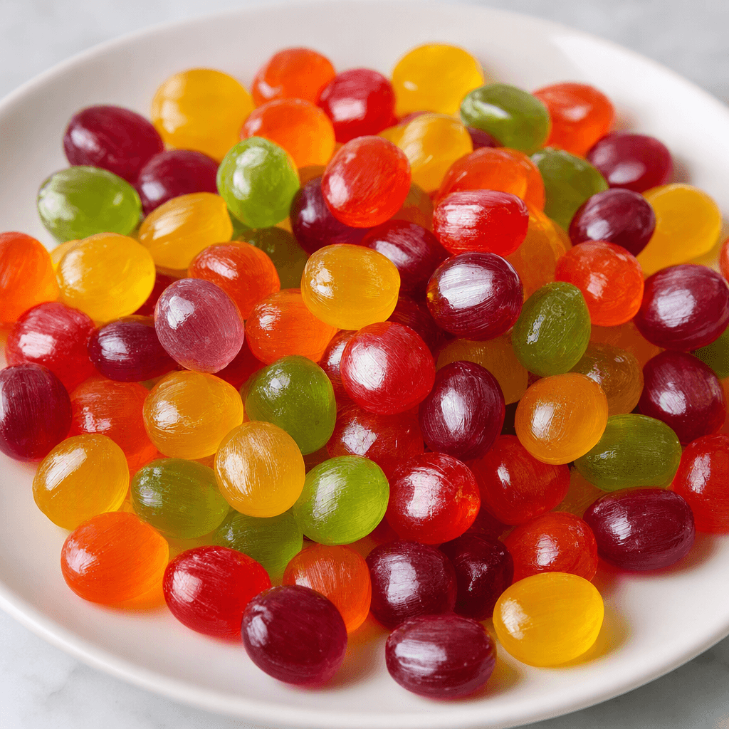 Small, glossy, brightly coloured hard candies are scattered across a plate, their smooth surfaces catching the light.