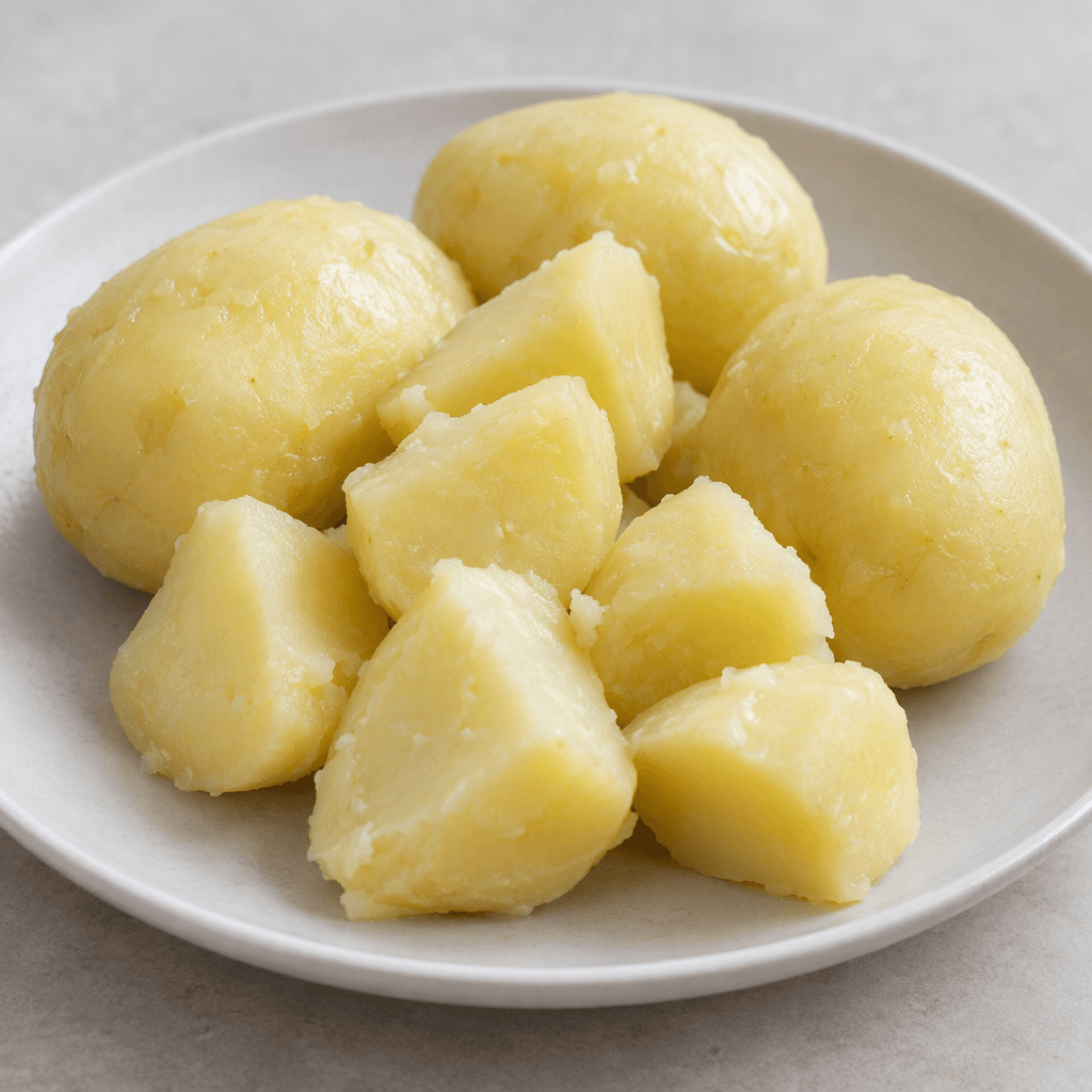 Pale cream boiled potatoes, some whole and some cut into irregular chunky pieces, with smooth slightly moist surfaces, are arranged on a simple plate.