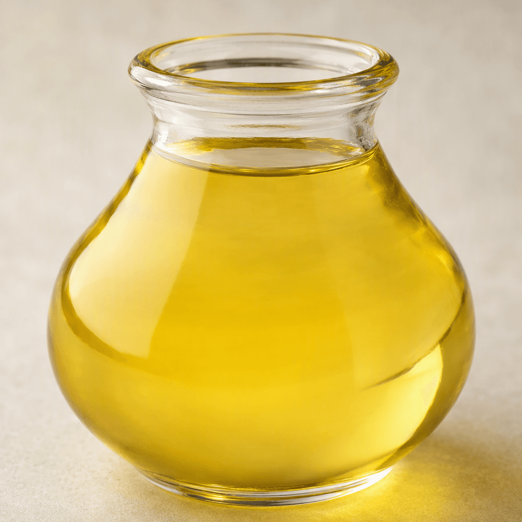 Clear, pale golden-yellow sunflower oil with a smooth, glossy liquid surface, poured into a transparent glass bottle or small glass dish.