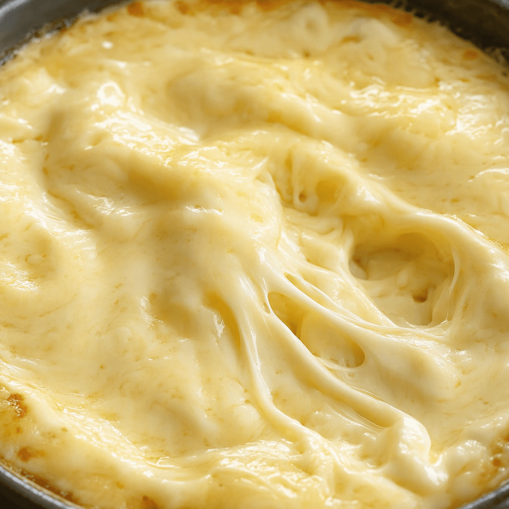 Glossy, pale ivory-yellow melted cheese forms a soft, smooth pool with gentle folds and a few elastic strands.
