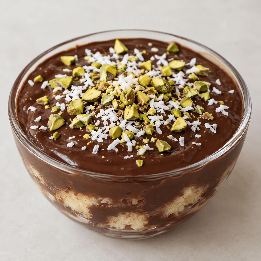 A dark brown, thick and glossy chocolate pudding fills a small serving bowl, with a smooth surface sprinkled with green pistachio pieces and pale shredded coconut, and soft cake pieces visible beneath the pudding at the sides.