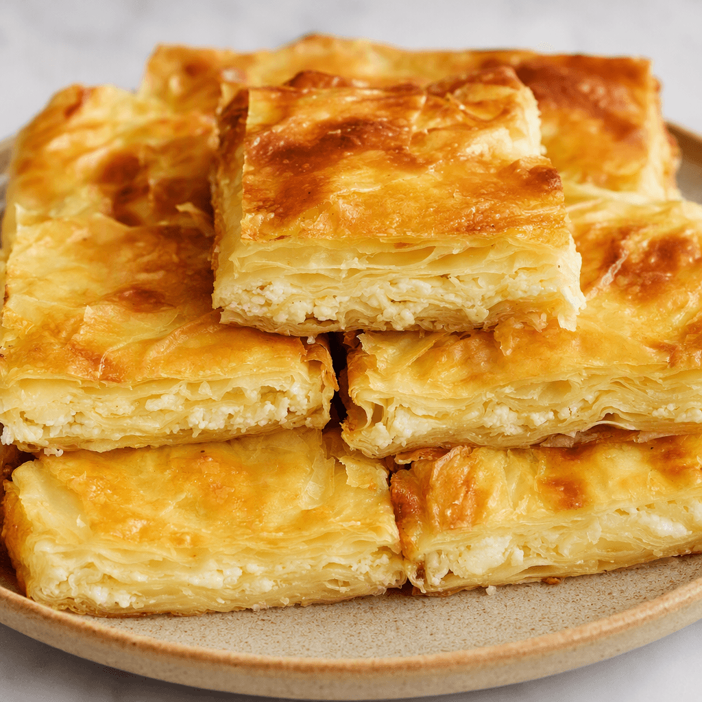 İnce hamur katları üst üste gelen, kenarları gevrekçe kızarmış ve aralarındaki açık renkli içi görünen altın sarısı börek dilimleri dikdörtgen parçalar hâlinde sunuluyor.
