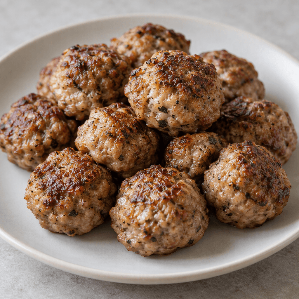Small, round-to-oval meatballs with a lightly browned, uneven surface and visible flecks of seasoning are arranged together on a plain plate.