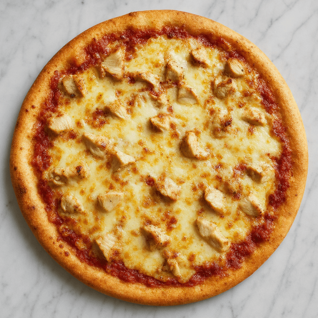 Yuvarlak pizzanın hafif kabarmış altın sarısı kenarının ortasında kırmızı sos, erimiş açık sarı peynir ve yüzeye dağılmış küçük malzeme parçaları görülüyor.