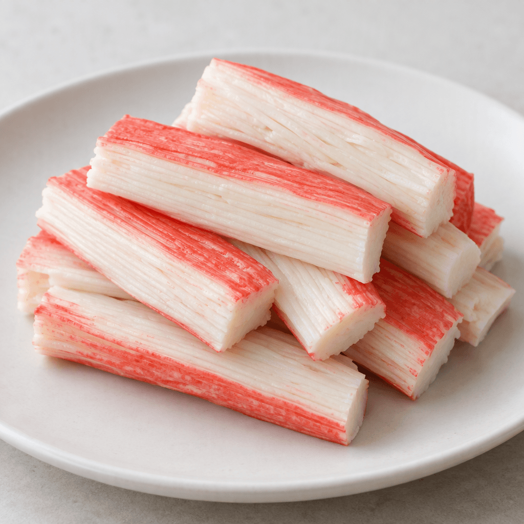 Pale ivory seafood sticks with faint pink-red edges, smooth firm surfaces and fine layered fibers, arranged in a neat pile on a plain plate.