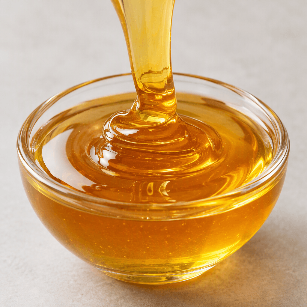 Thick, glossy, translucent amber-golden syrup forms slow ribbons and a smooth pool in a small clear serving dish.
