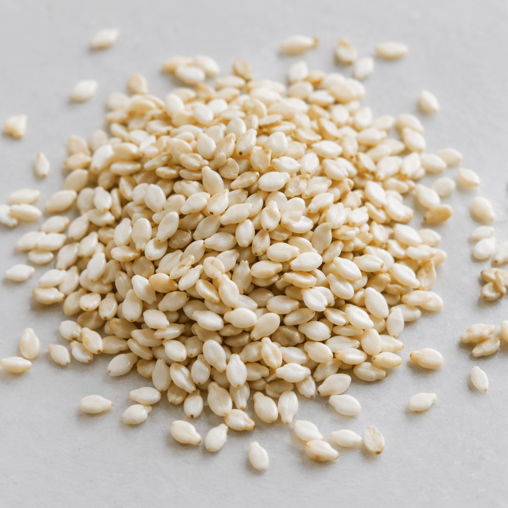 Small, flat, oval sesame seeds with smooth, slightly glossy surfaces, ranging from creamy white to pale beige, scattered loosely across a plain surface.