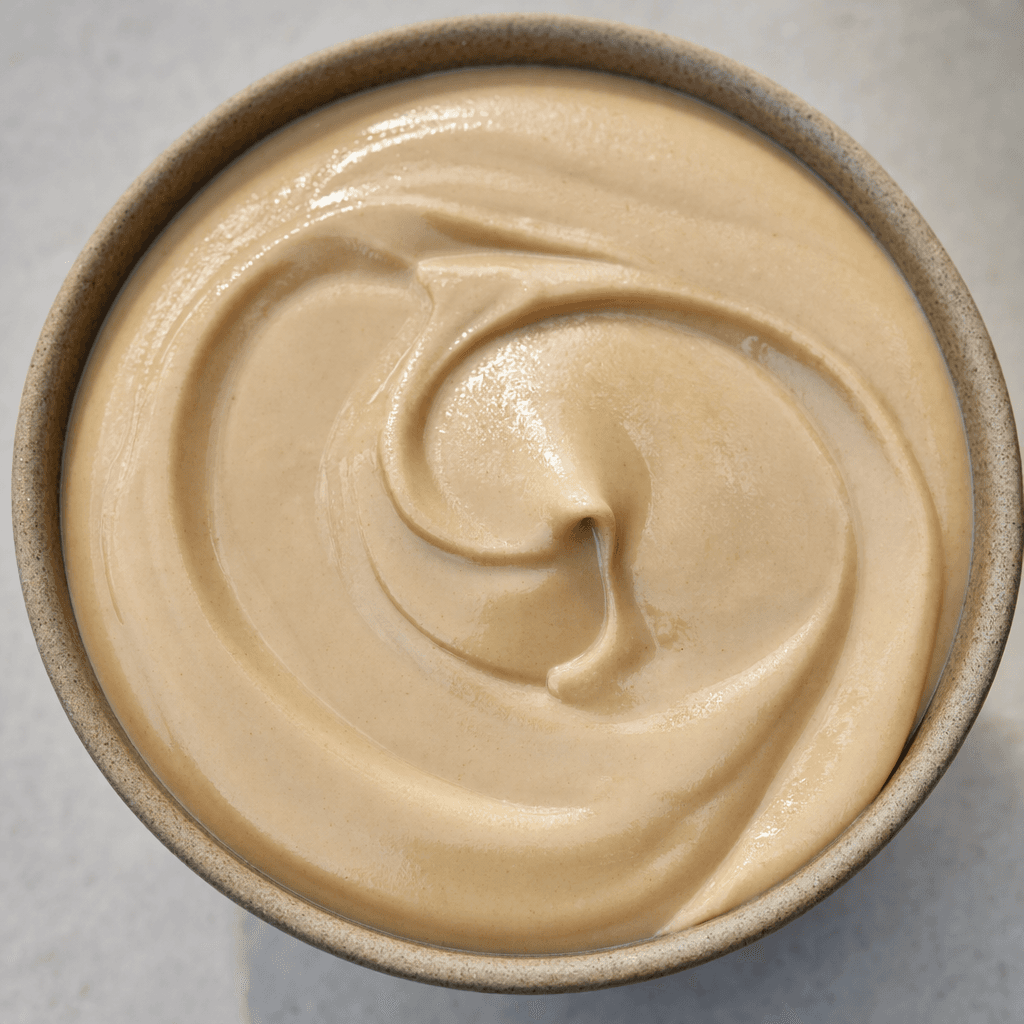 A thick, smooth, glossy beige sesame paste sits in a small bowl, with soft swirls across its surface.