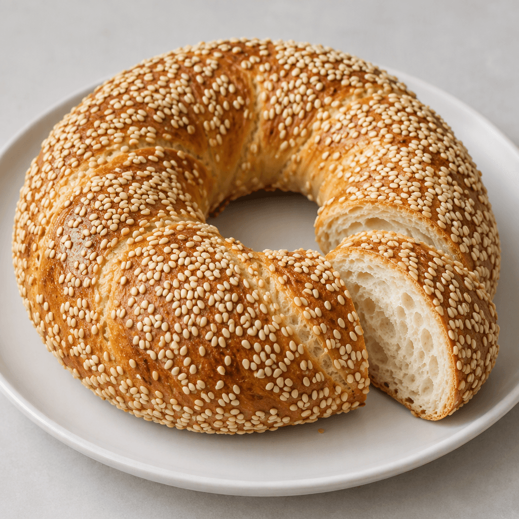A golden-brown, ring-shaped bread with a smooth, slightly glossy crust densely covered in pale ivory sesame seeds, showing a soft, airy cream-coloured interior where it is cut, served whole or sliced on a plain plate.