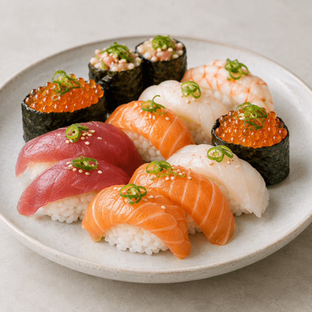 Small, neatly arranged pieces of vinegared white rice are topped or wrapped with glossy slices of raw salmon, tuna and pale seafood, with dark green seaweed rolls, orange fish roe and thin green garnish on a clean platter.