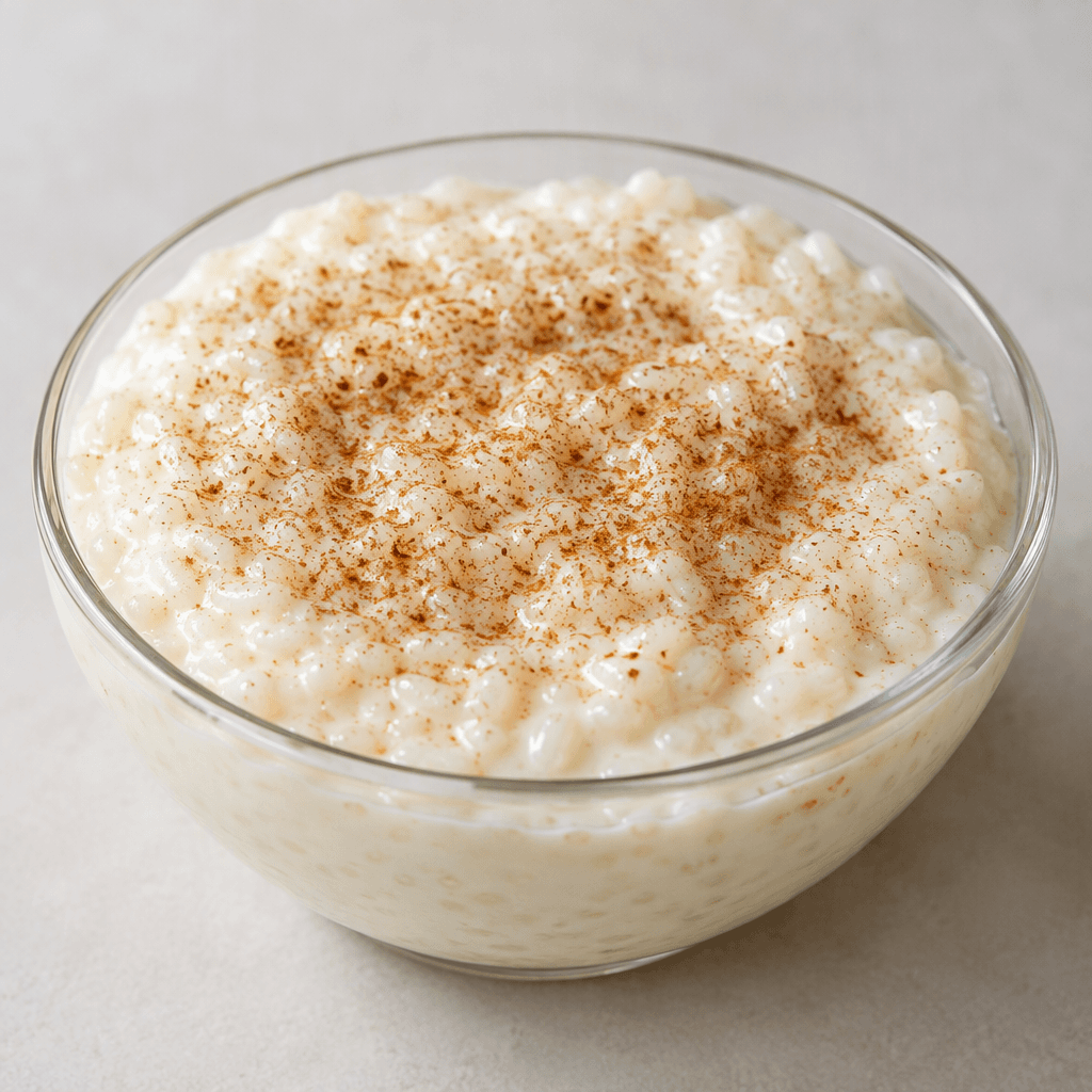A shallow glass dish filled with thick, creamy white rice pudding, its smooth surface lightly speckled with individual rice grains and dusted with a fine scattering of ground cinnamon.